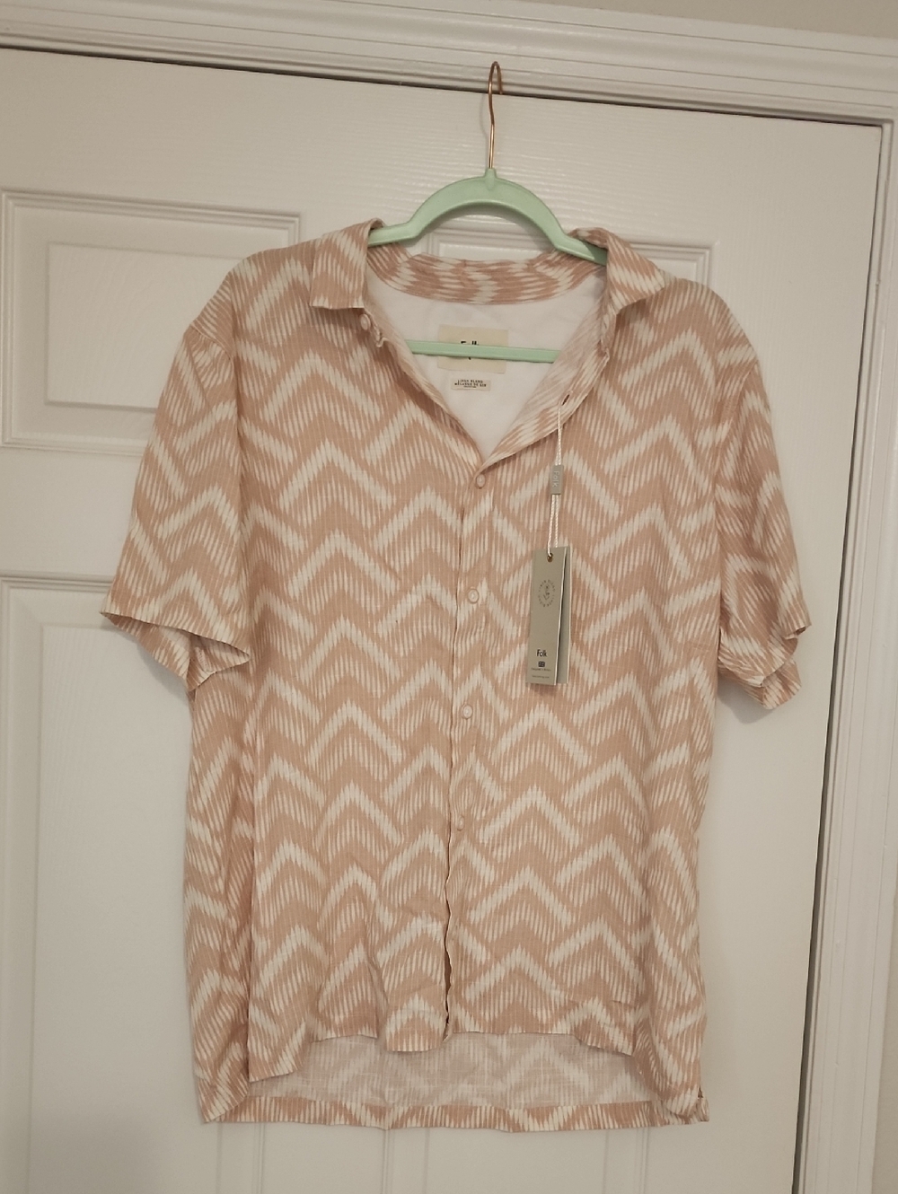 Folk Beige & White Chevron Short Sleeve Button-Down Shirt